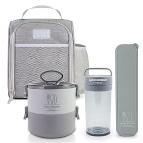 Conjunto Da Linha Joy Com Bolsa Térmica, Porta Talher, Pote De Marmita 2 Andares E Garrafa 430ml Cinza