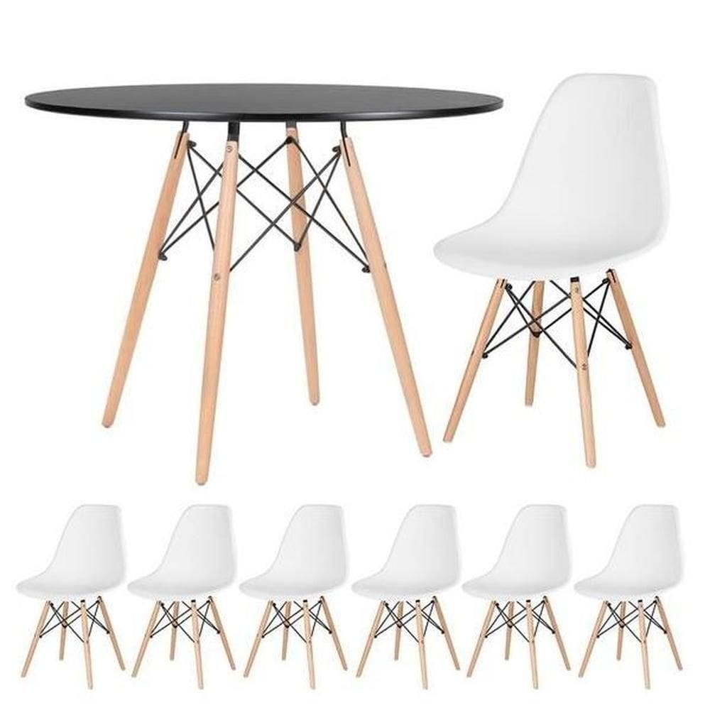 Conjunto De Mesa De Jantar Eames Eiffel Redonda 100cm Tampo De Madeira Preto Com 6 Cadeiras Brancas