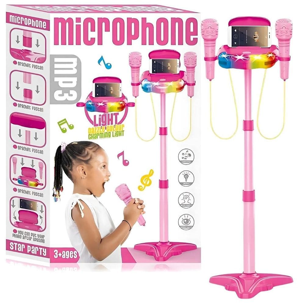Pedestal Rosa Com 02 Microfones Com Luz E Som - Castela