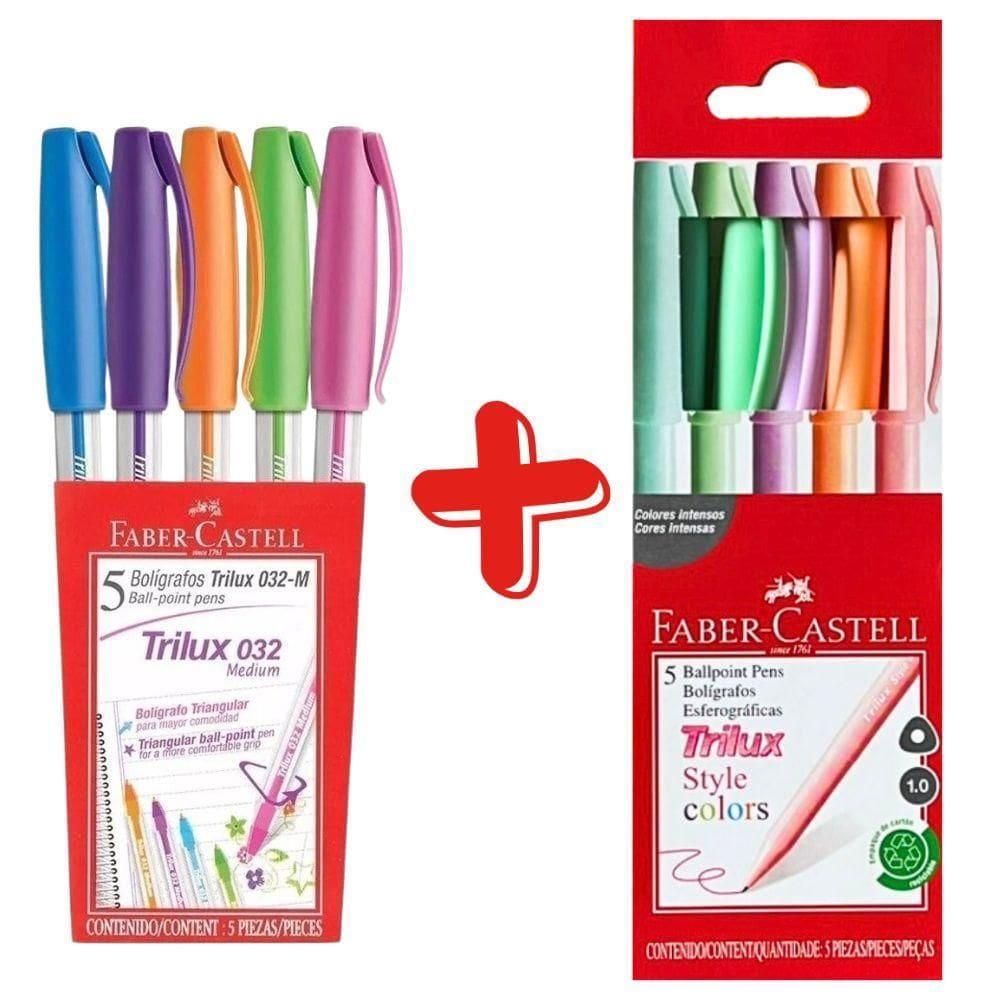 Kit Caneta Esferográfica Trilux 5 Cores Básicas + Style Colors 5 Cores Pastel Faber-castell