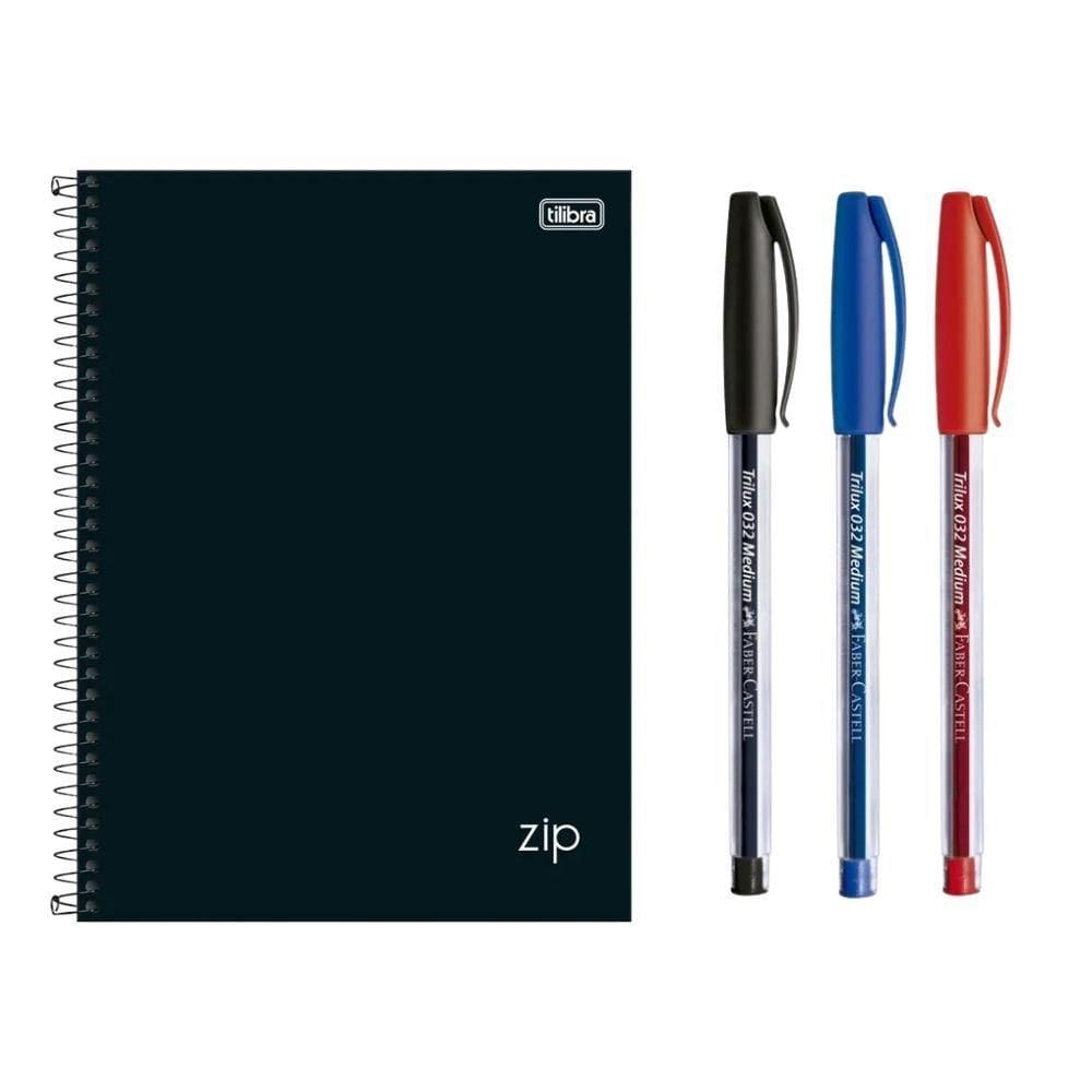 Kit 1 Caderno Espiral Universitário 1 Matéria 80 Folhas Zip + 3 Canetas Esferográfica Trilux