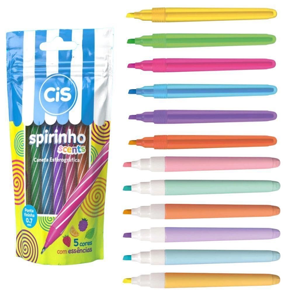 Kit Caneta Spirinho Scents 5 Cores + 12 Marca Texto Lumini Lite Cis