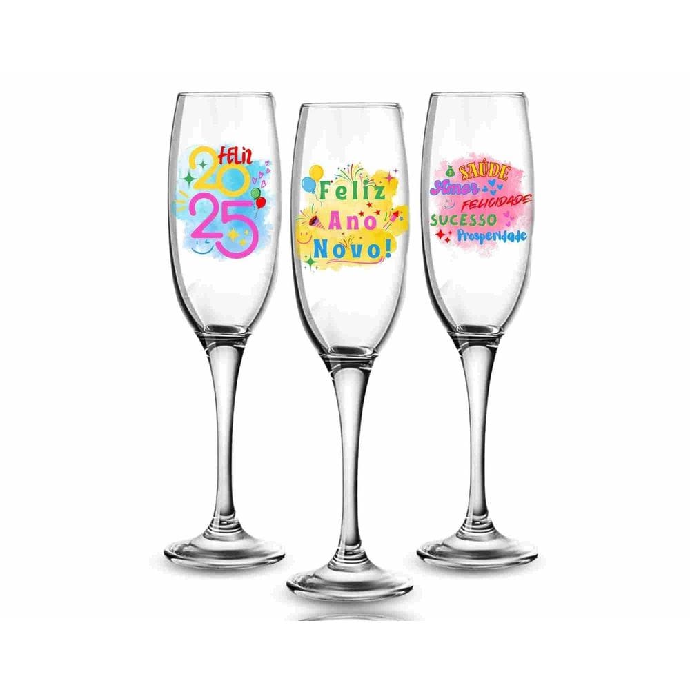 Kit 3 Taças Champagne Vidro 210Ml Estampada Ano Novo
