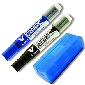 Kit 2 Marcadores Quadro Branco Recarregável + Apagador De Quadro Branco Pilot Azul E Preto