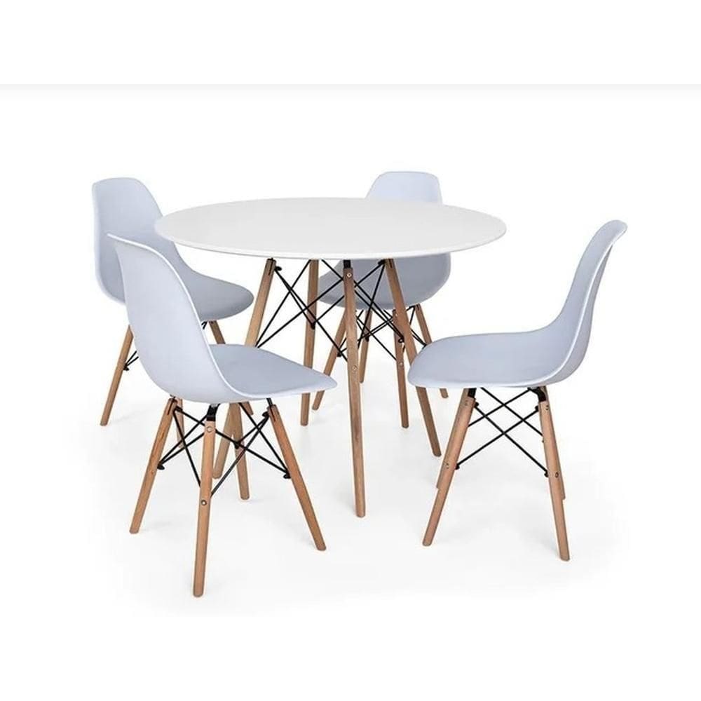 Conjunto De Mesa 4 Cadeiras Brancas Eames Eiffel 110cm Base Madeira Tampo Branco