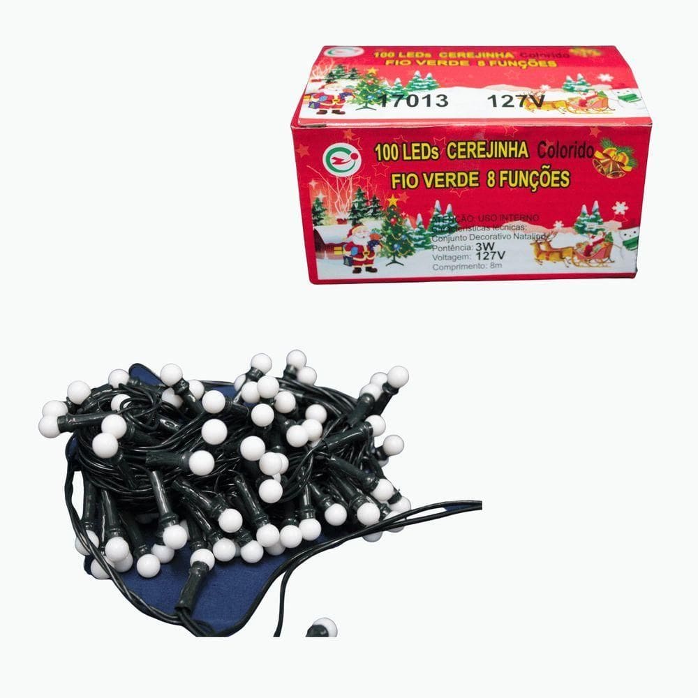 Cordão 100 Leds Cerejinha - 8 Funções - Chibrali - Colorido C- Fio Verde