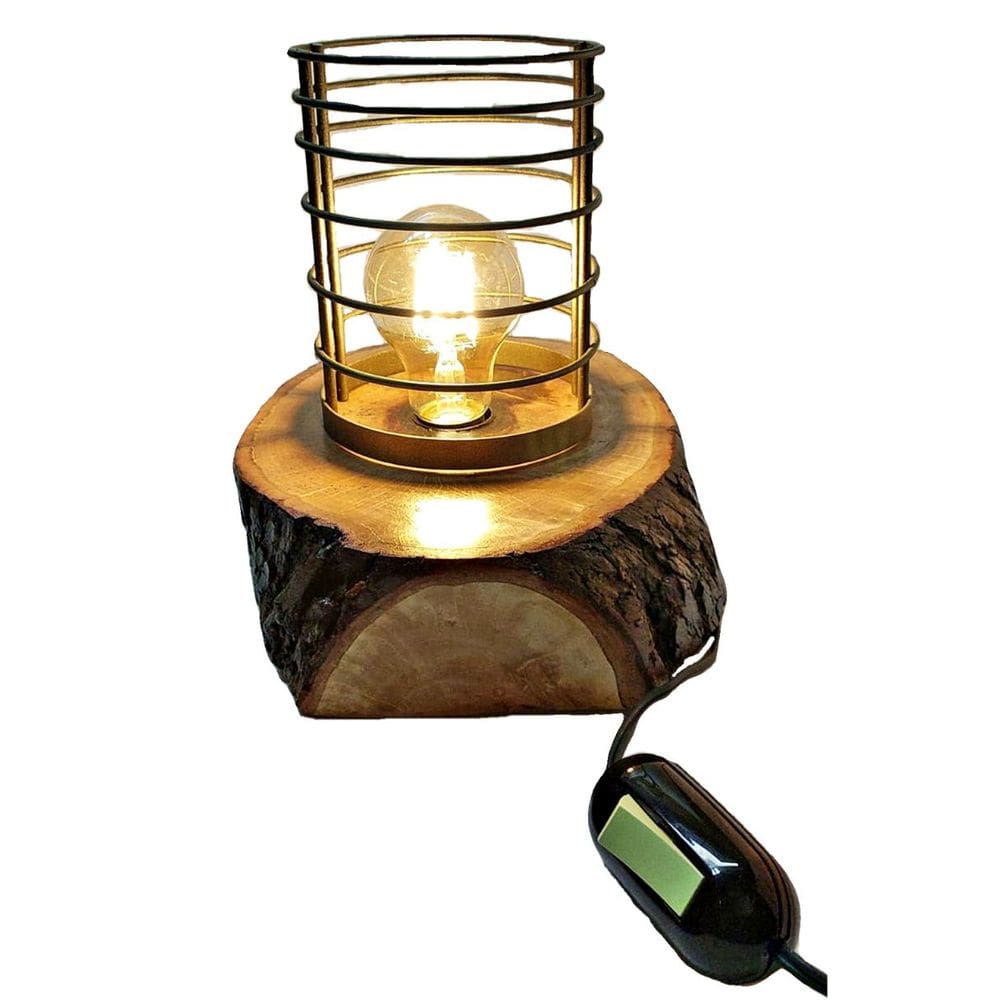 Abajur Luminária Rústica De Mesa Bolacha de Madeira e Arame
