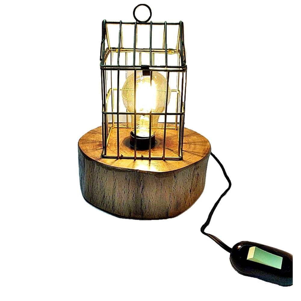 Abajur Luminária Rústica De Mesa Bolacha de Madeira e Arame
