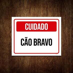 Placa Sinalização Vermelho Cuidado Cão Bravo 18X23