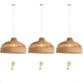 Kit 3 Pendente Boho Fibra Natural Rattan Bancada Nat77 + Led