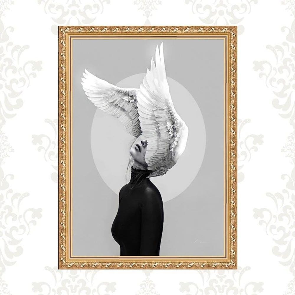 Quadro Moldura Dourada Mulher Com Asas 45X34Cm