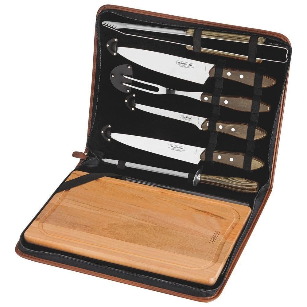 Kit Para Churrasco Tramontina Em Aço Inox Cabo Castanho Polywood Com Tábua E Estojo 8 Peças Tramontina