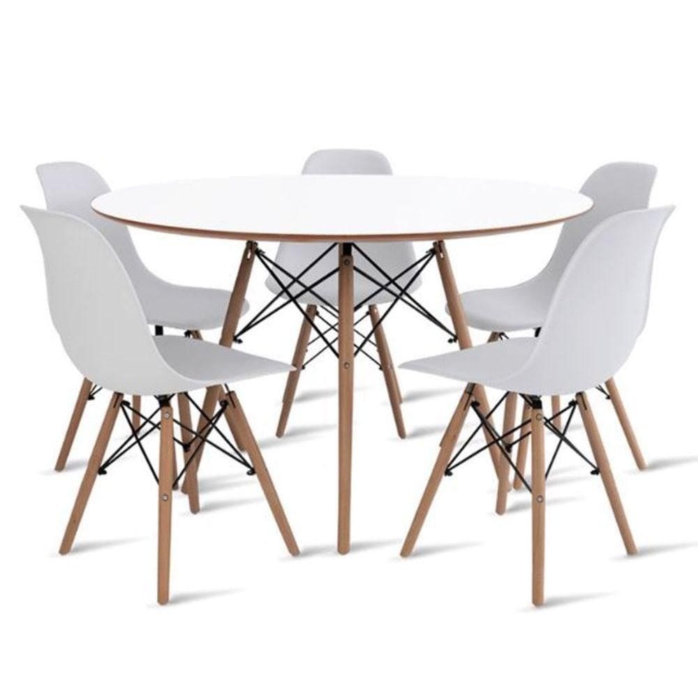 Conjunto Mesa De Jantar Eames Eiffel Redonda 110cm Tampo De Madeira Branco + 5 Cadeiras Brancas