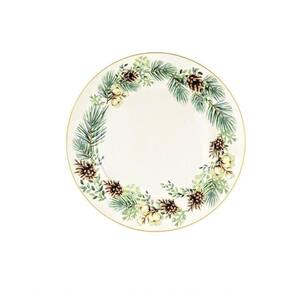 Prato Raso Em Cerâmica 27cm Decorado Com Pinhas E Galhos De Pinheiro