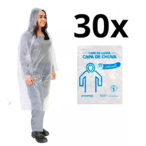 30 Capas De Chuva Descartavel Transparente Com Capuz Unissex