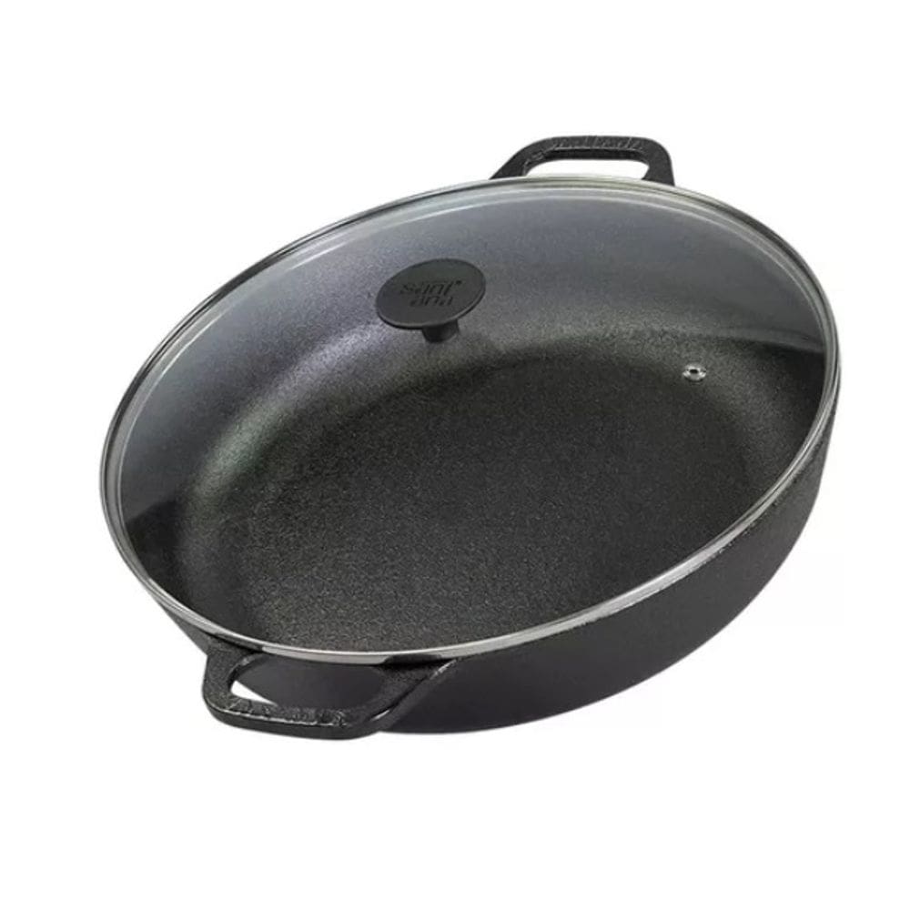 Panela Paella de Ferro Fundido 30Cm Com Tampa De Vidro