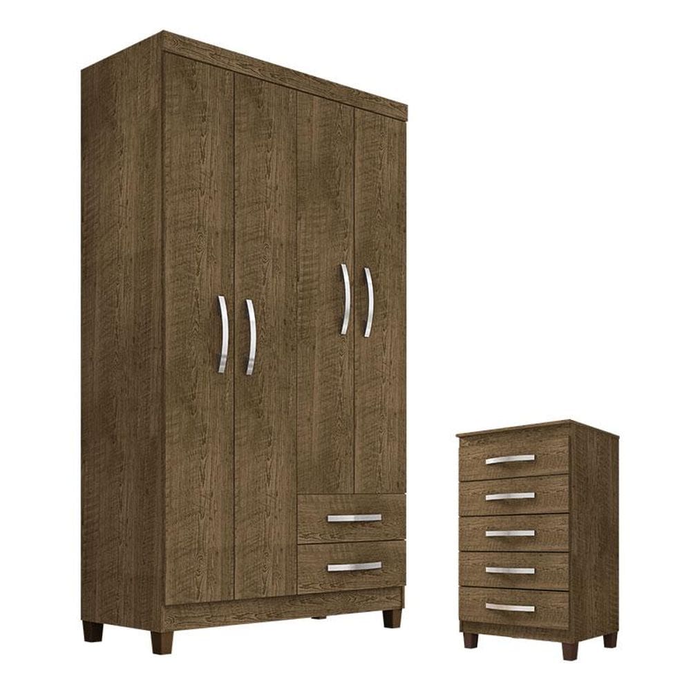 Guarda Roupa Solteiro Modena 4 Portas e Cômoda Gaveteira Cannes Malbec - Incorplac