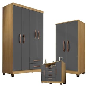 Guarda Roupa Modena 4 Portas com Cômoda Madri e Armário Multiuso Recife Carvalho Americano Grafite - Incorplac