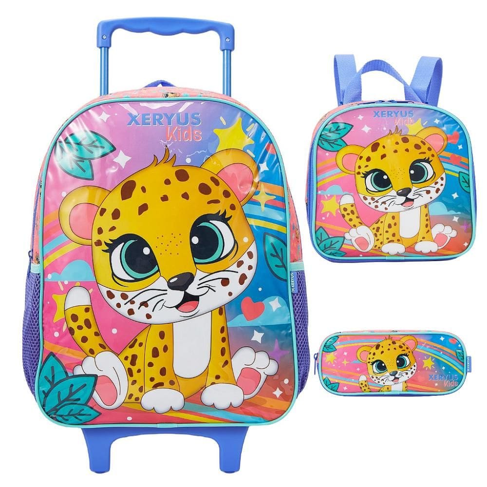Kit Mochila de Rodinha Lancheira Estojo Xeryus Onça Colorido