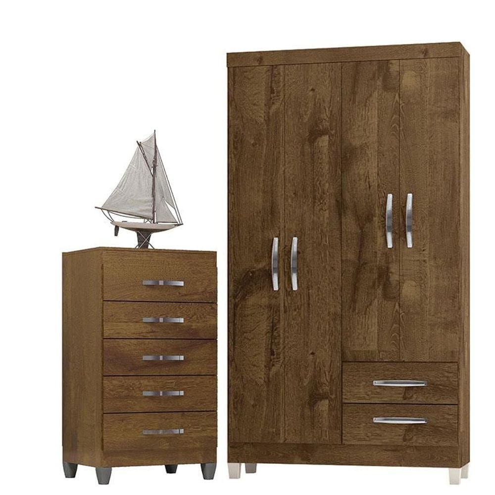 Guarda Roupa Solteiro Módena 4 Portas e Cômoda Cannes 5 Gavetas Malbec - Incorplac