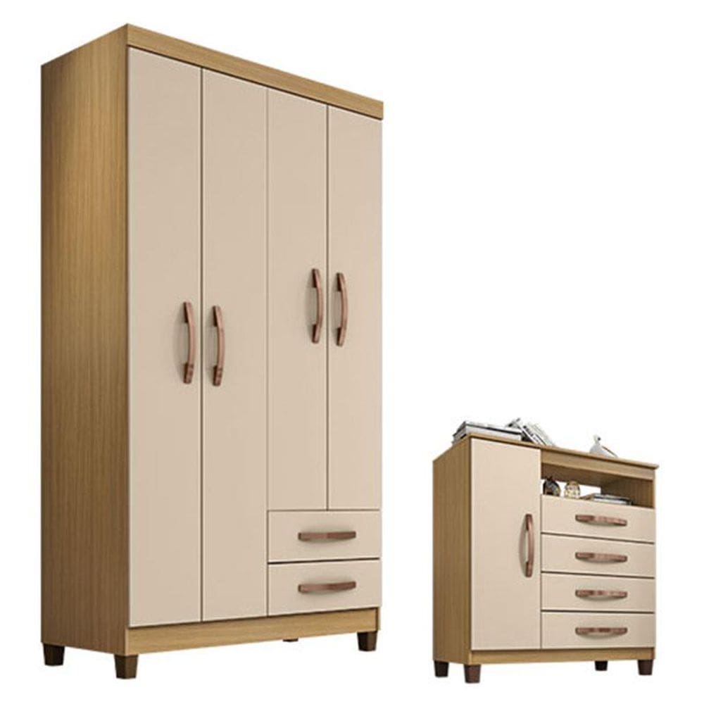 Guarda Roupa Solteiro Modena com 4 Portas e Cômoda Sapateira Cannes Carvalho Americano Off White - Incorplac