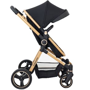 Carrinho de Bebê Galzerano Ivy Berço Passeio Moisés Travel System Leve Compacto Viagem 0 a 15 Kg Preto Dourado Gold Fecha com Uma Mão