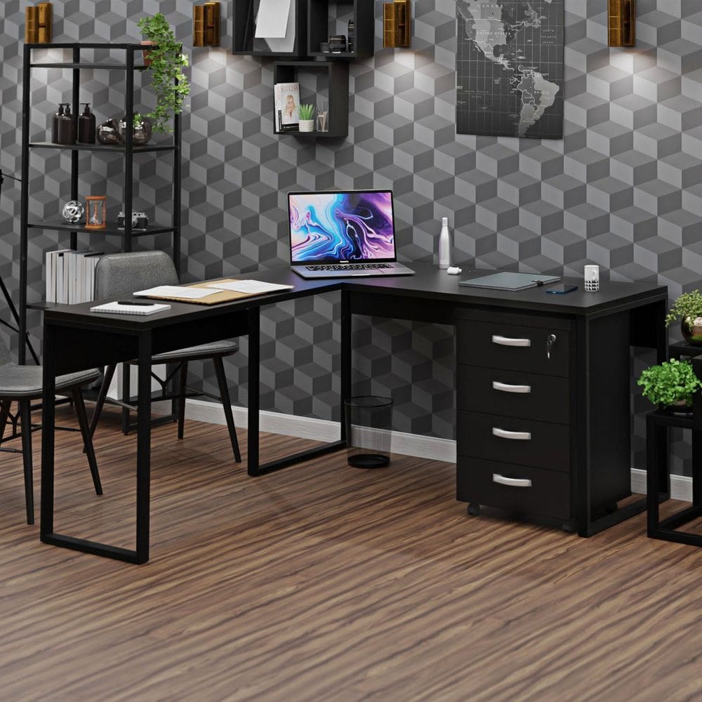 Escrivaninha em L com Gaveteiro com Chave 150x150cm Preto