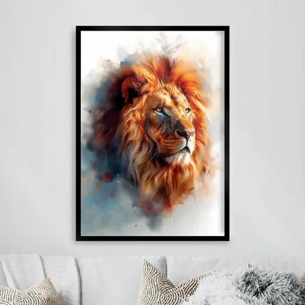 Quadro Leão Majestoso - Aquarela 33X24Cm - Com Vidro