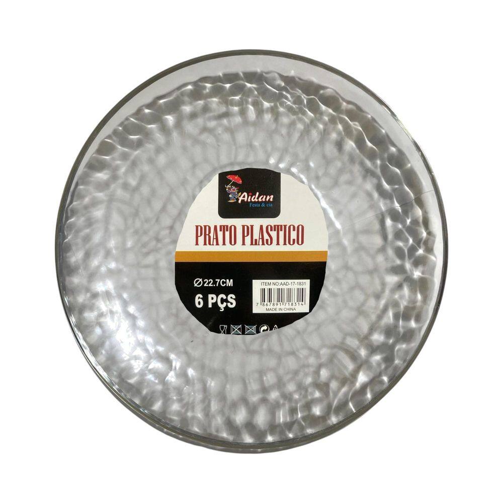 Kit 6 Pratos Redondo Transparente Acrílico Borda Prata 22Cm