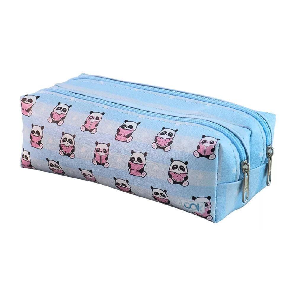 Estojo 2 Divisórias Escolar Panda Azul Look