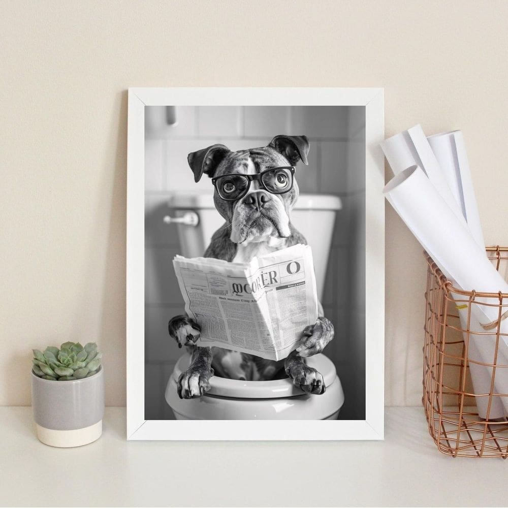 Quadro Boxer No Vaso Lendo Jornal 24X18Cm - Com Vidro