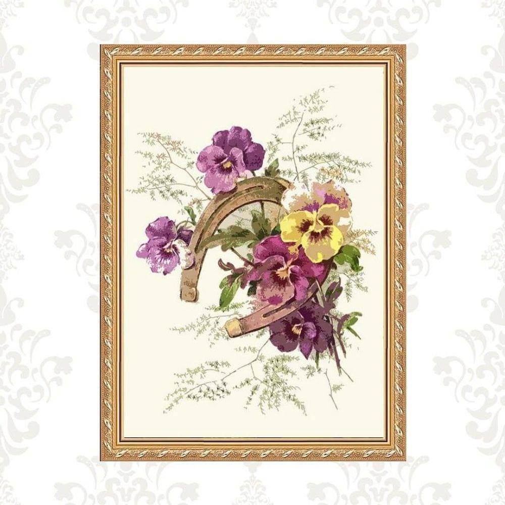 Quadro Moldura Dourada Ferradura Flores 33X24Cm