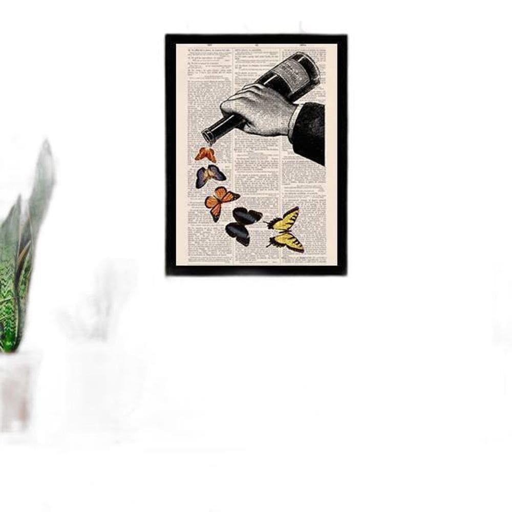Quadro Garrafa De Vinho Com Borboletas 24X18Cm - Com Vidro