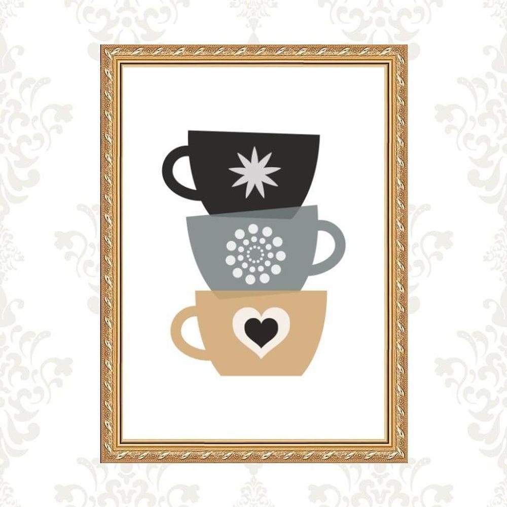 Quadro Moldura Dourada Xícaras De Café 45X34Cm