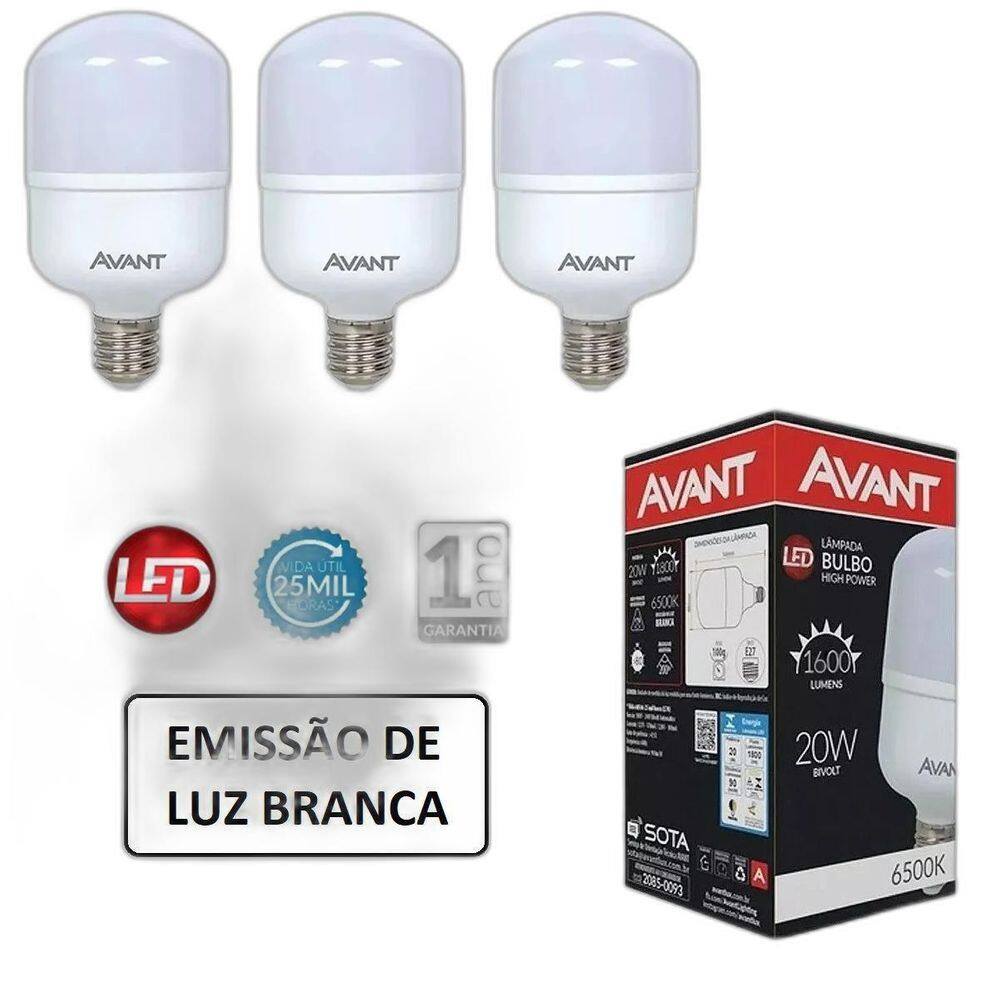 Kit 3 Lâmpadas Led Bulbo 6500K 20W Avant