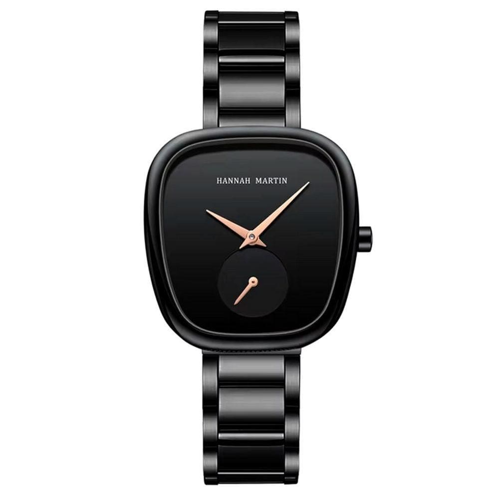 Relógio De Pulso De Quartzo Oval Estilo Minimalista Feminino Em Aço Inoxidavel Preto