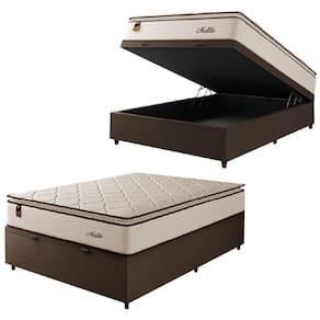 Cama Box Baú Casal Colchão Molas Ensacadas Com Pillow Malttês 138x188x69cm Suede Cáqui Hellen Bege