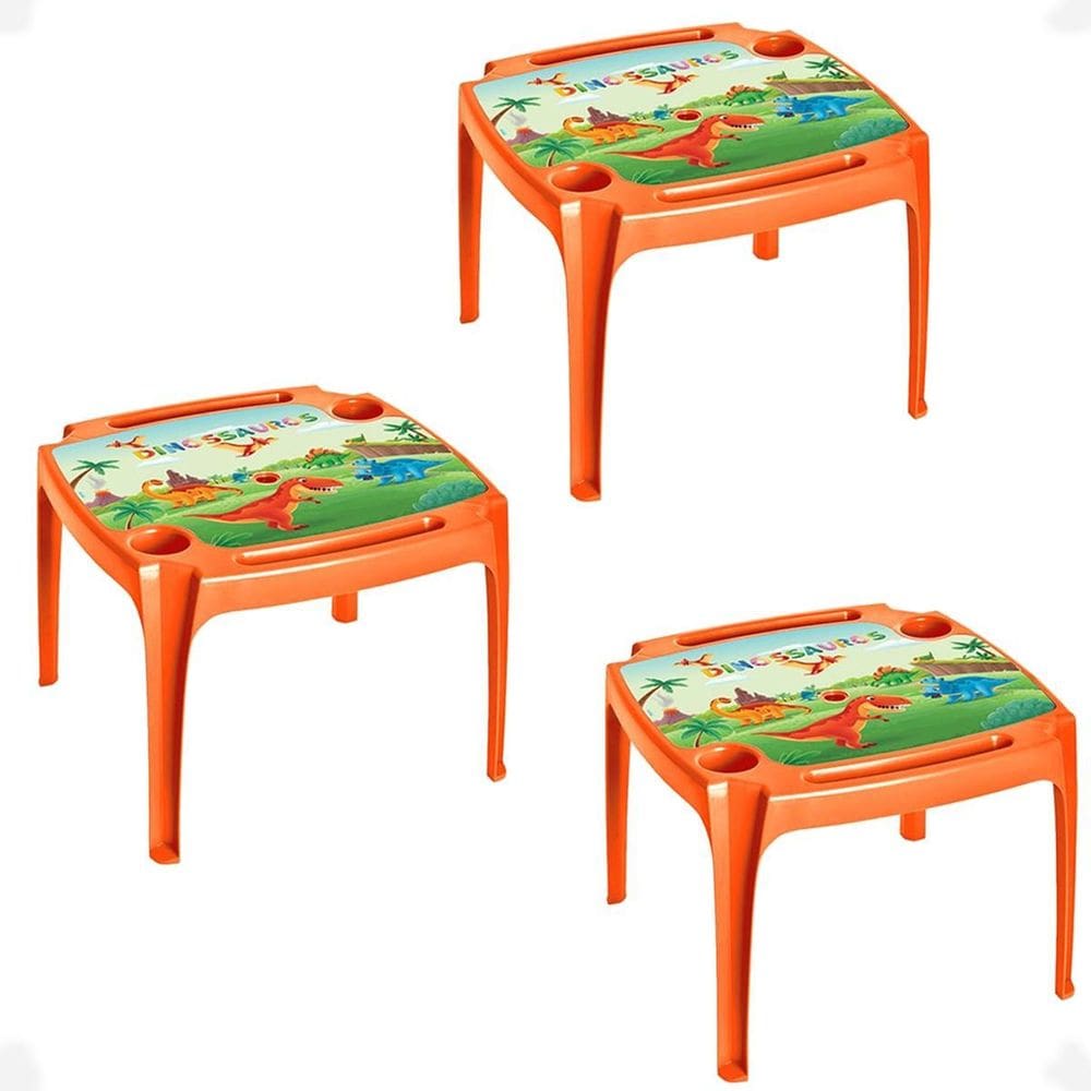Kit 3 Mesa Mesinha Laranja Infantil Dinossauros Com Label