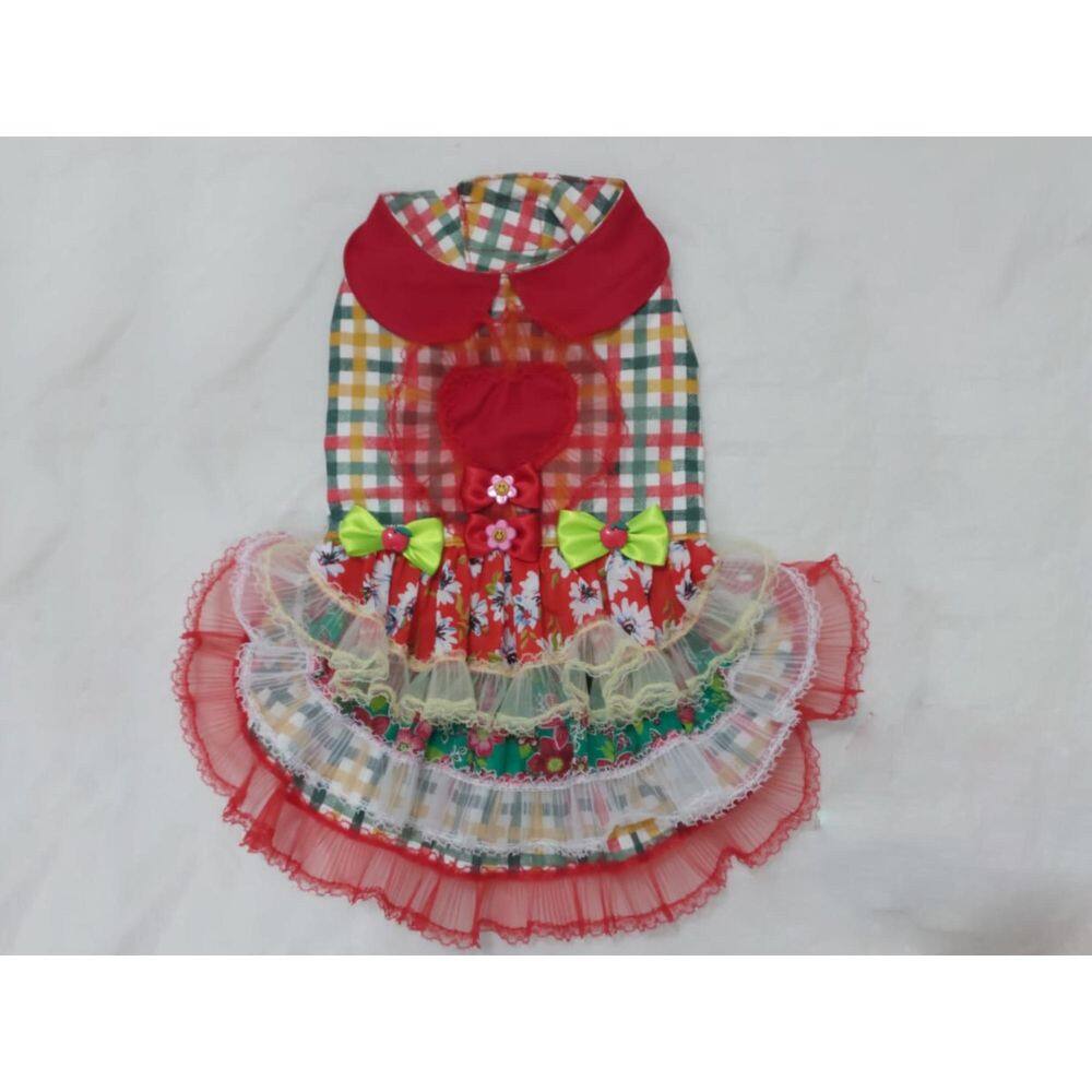 Vestido Pet Festa Junina Xadrez Com Rendas - Tamanho M