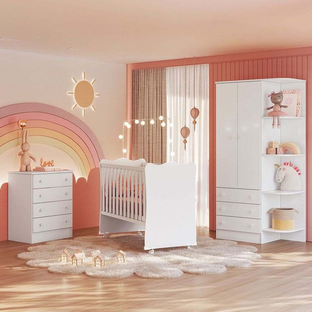 Jogo De Quarto Completo Infantil Bebê Guarda Roupa 2 Portas Cômoda 4 Gavetas Berço Simples C/ Rodízios Doce Sonho 825 / 1 / 777