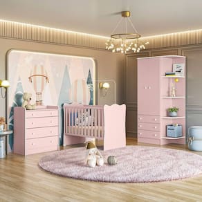 Jogo De Quarto Completo Infantil Bebê Guarda Roupa 2 Portas Cômoda 4 Gavetas Berço Simples C/ Rodízios Doce Sonho 825 / 1 / 2523