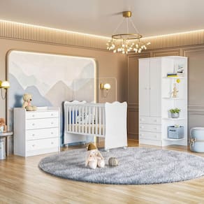 Jogo De Quarto Completo Infantil Bebê Guarda Roupa 2 Portas Cômoda 4 Gavetas Berço Simples C/ Colchão C/ Rodízios Doce Sonho 825 / 1 / 2523