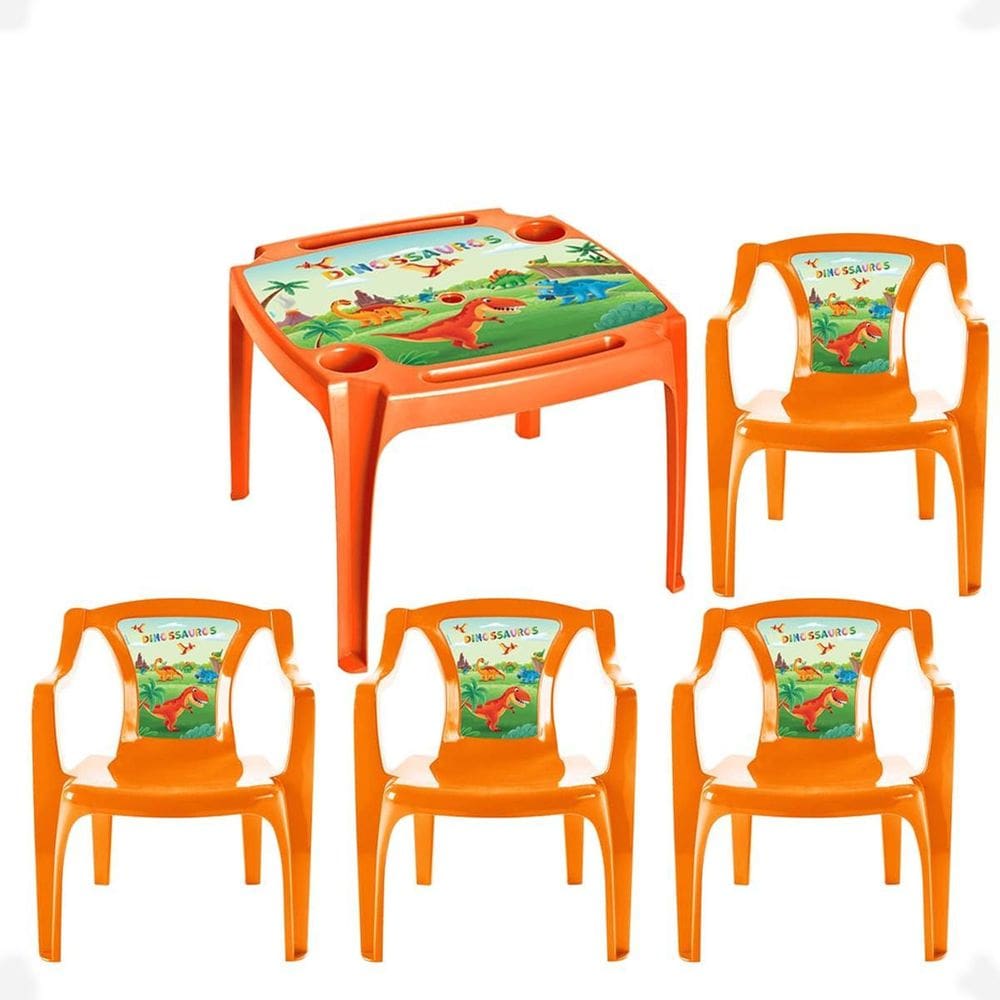 Kit Mesa Mesinha E 4 Cadeiras Laranja Infantil Dinossauros