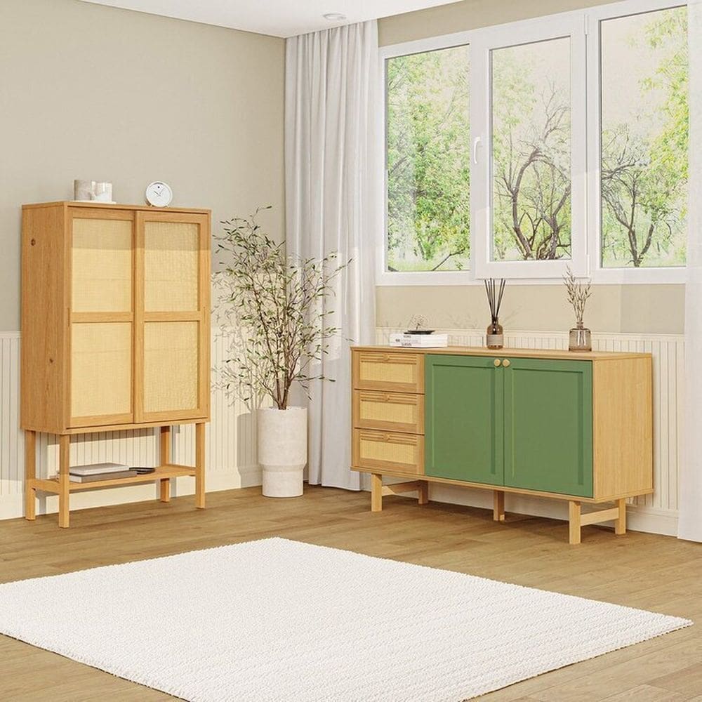Kit Buffet 2 Portas Laca 3 Gavetas Rattan com Cristaleira Porta Rattan Magna Cabecasa Madeiramadeira Mel/Verde