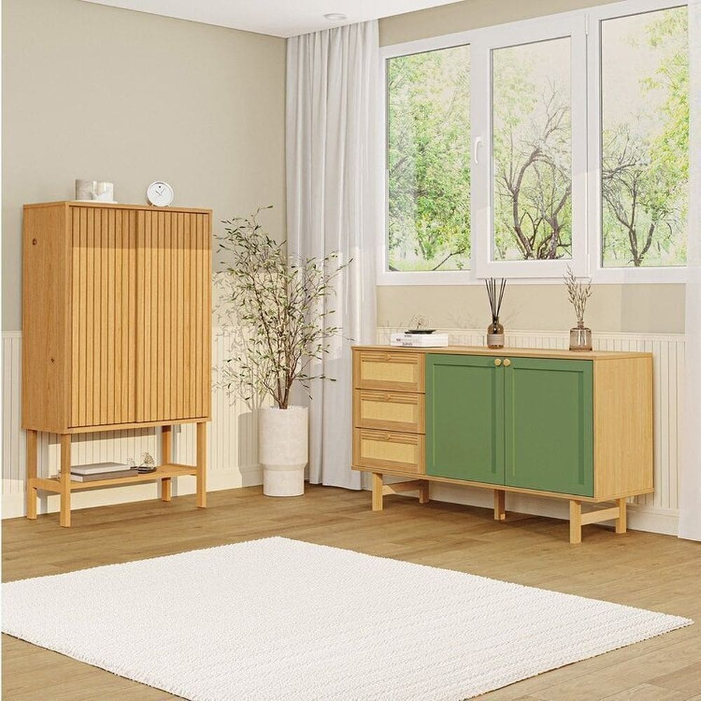 Kit Buffet 2 Portas Laca 3 Gavetas Rattan com Cristaleira Porta Ripada Magna Cabecasa Madeiramadeira Mel/Verde