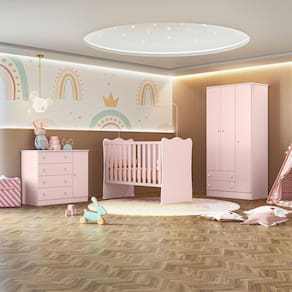 Jogo De Quarto Completo Infantil Bebê Guarda Roupa 3 Portas Cômoda 4 Gavetas Berço Simples C/ Colchão Doce Sonho 2617 / 2561 / 1