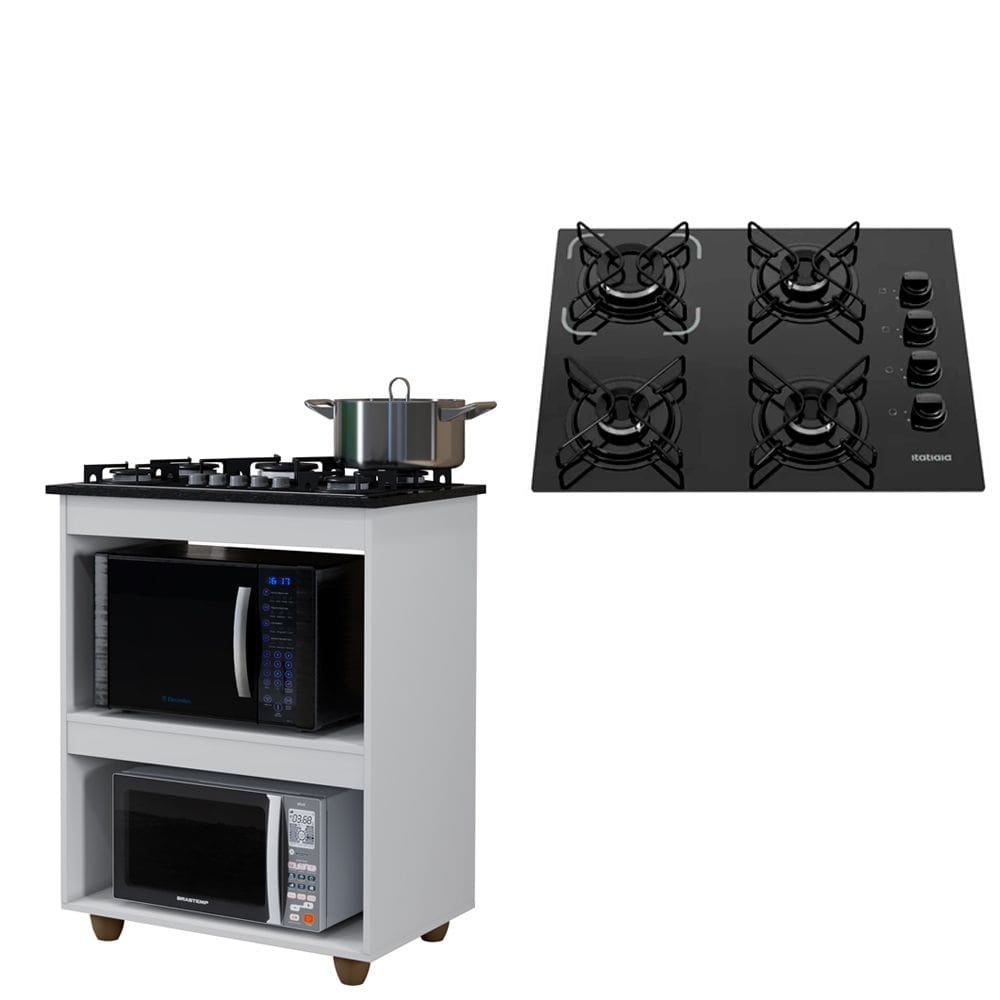 Kit Balcão Turim Branco com Fogão Cooktop 4 Bocas Itatiaia Preto