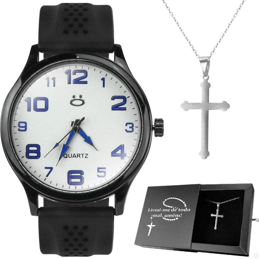 Relogio Masculino Preto Aco + Caixa Ponteiro Prata Religioso