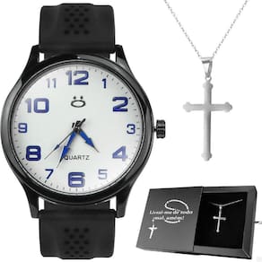Relogio Masculino Preto Aco + Caixa Ponteiro Prata Religioso