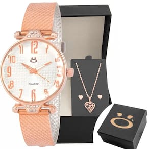 Relogio Rose Feminino Aço + Colar Coração Brinco + Caixa